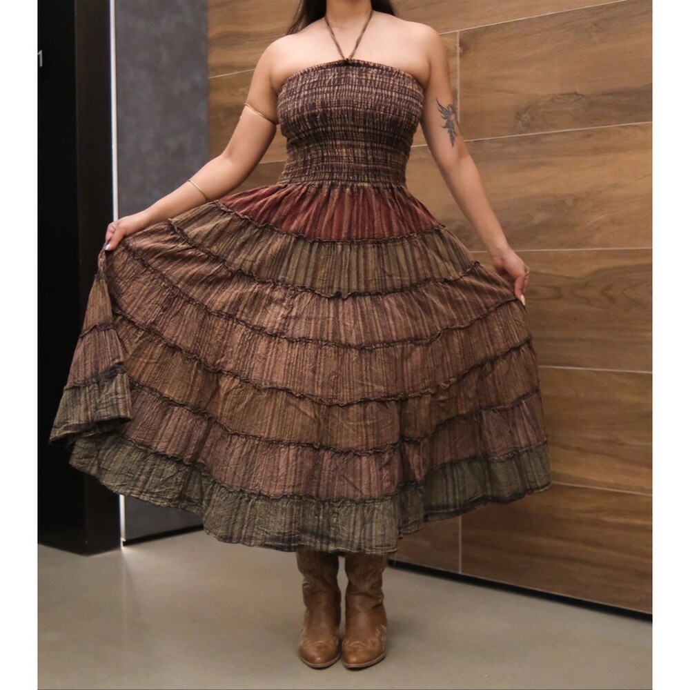 Boho Smocked Convertible Maxi Dress Skirt Womens OS Brown Patchwork
